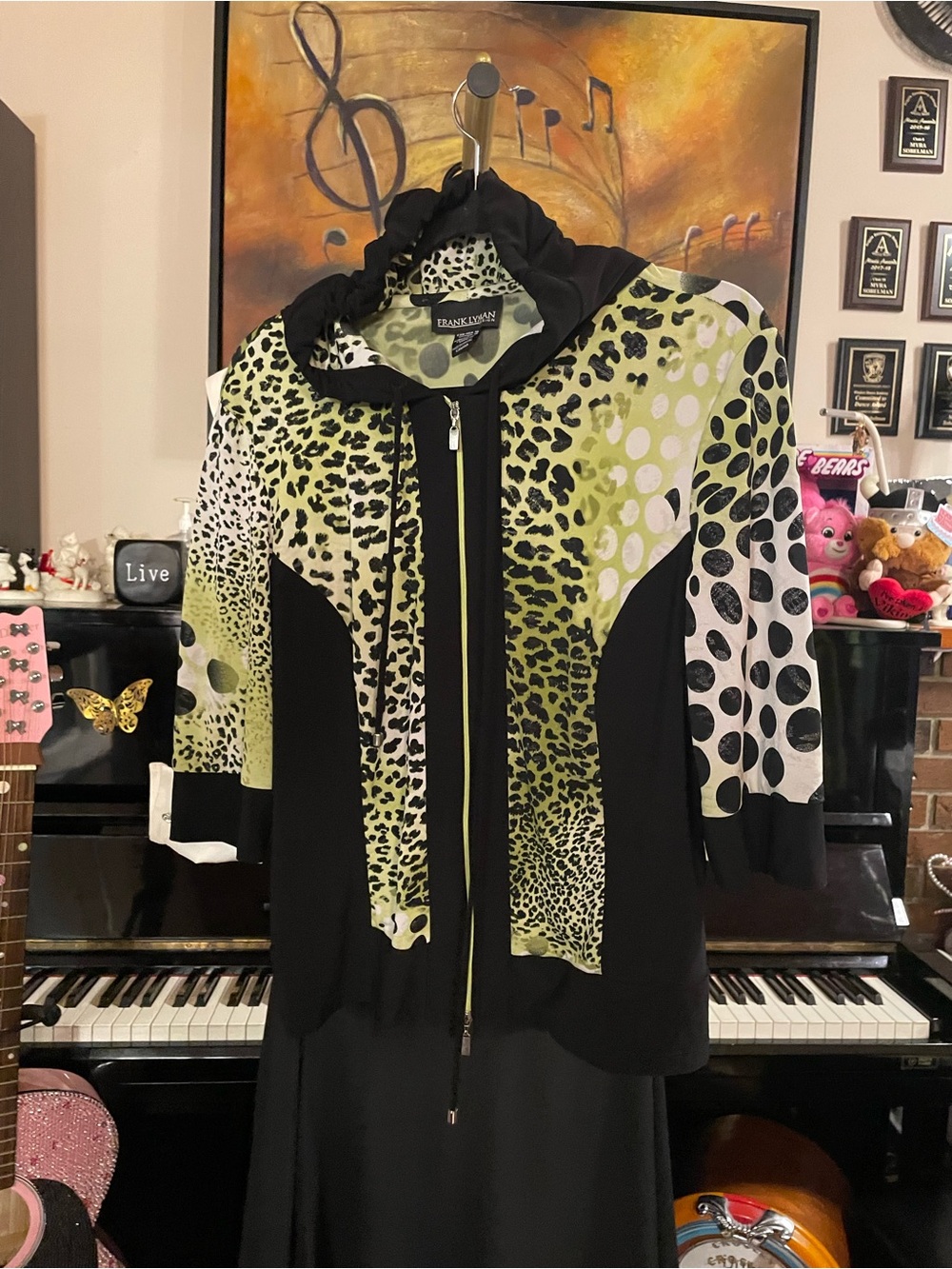 Frank Lyman Design Lime Green & Black Patterned Zip Hoodie